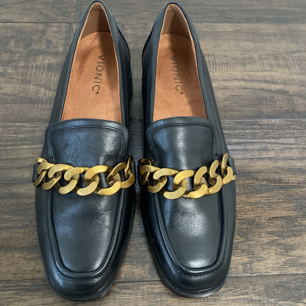 Vionic Women's Loafers Size 7 M Mizelle Black Leather Gold Chunky Chain